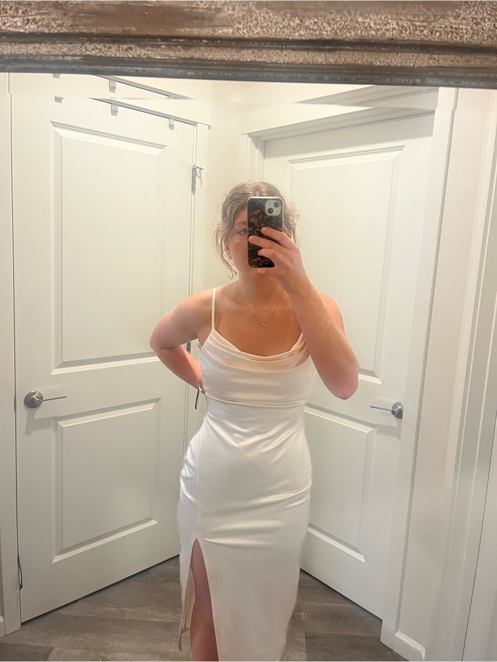 Windsor White Satin Cowl Midi Dress with Thigh Slit